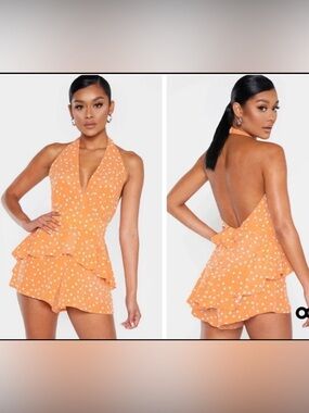 Polka Dot Orange Peplum V-Neck Romper